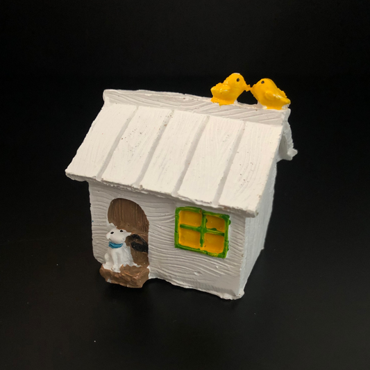 ghar, makaan, wooden, plank, house, white dog, yellow birds, white house
