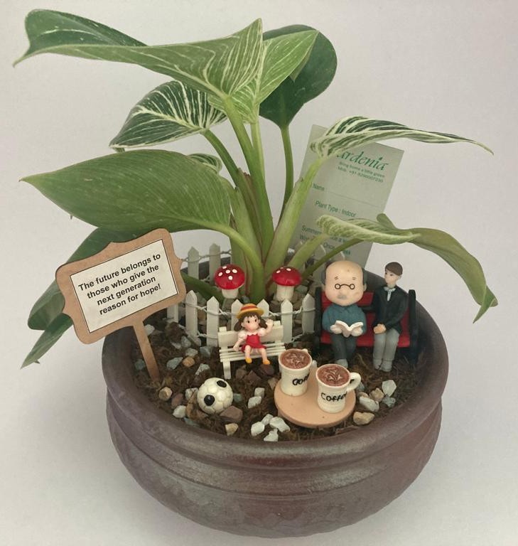 "miniatres- grandson, son, grandfather coffee mug, park bench"