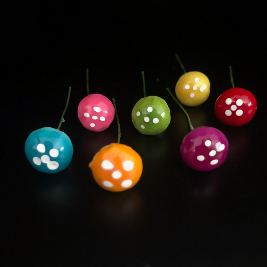 mushroom, individual, red, yellow, green, pink, blue, orange, white dots