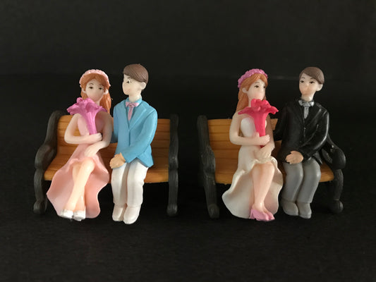 miniature couple, bench figurines, fairy tray gardens, sophisticated, elegance, fashion, high society, bride, groom, newly wed, just married, couple, bench, dulha, dulhan, shaadi, jodi