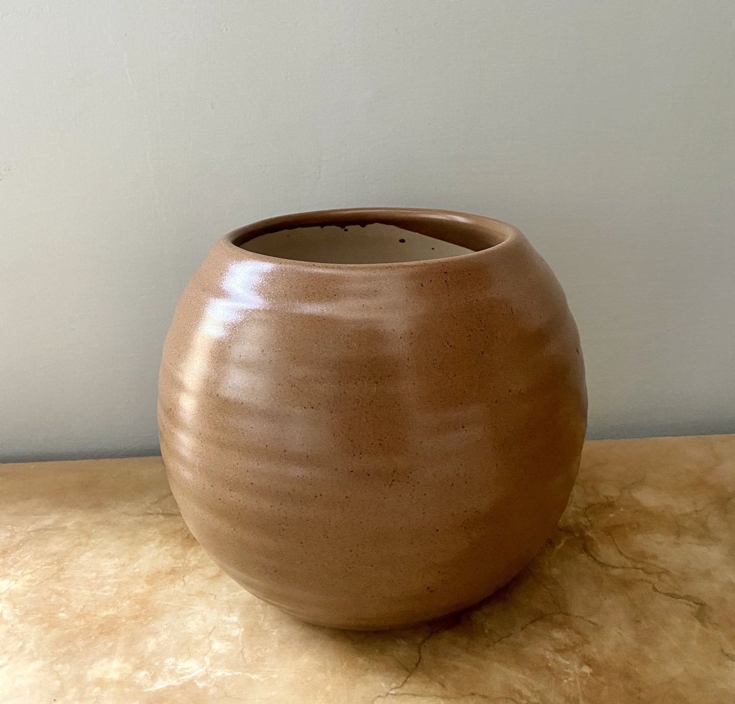 round pot, circular ceramic planter, unique textured pot, brown