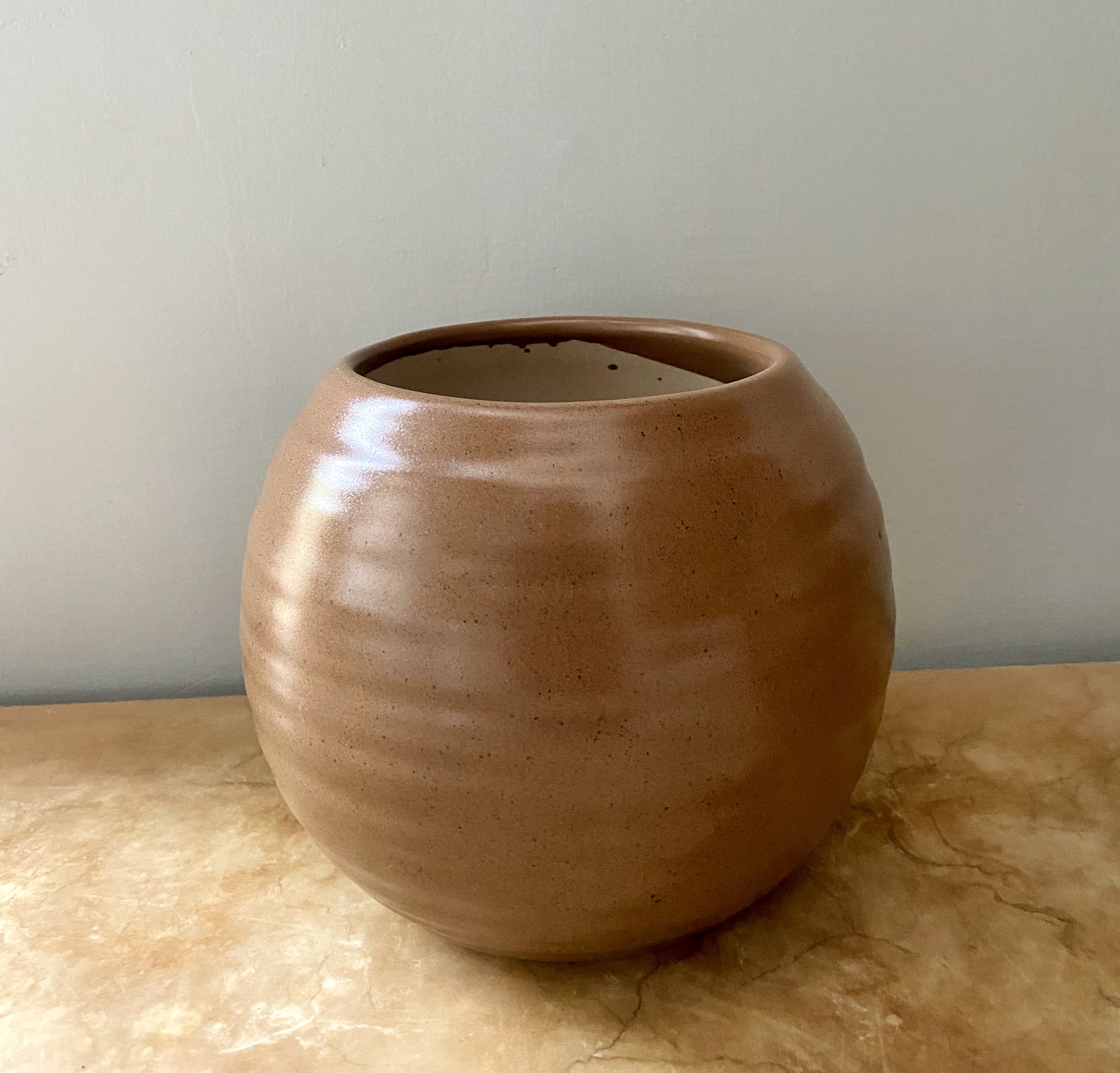 round pot, circular ceramic planter, unique textured pot, brown